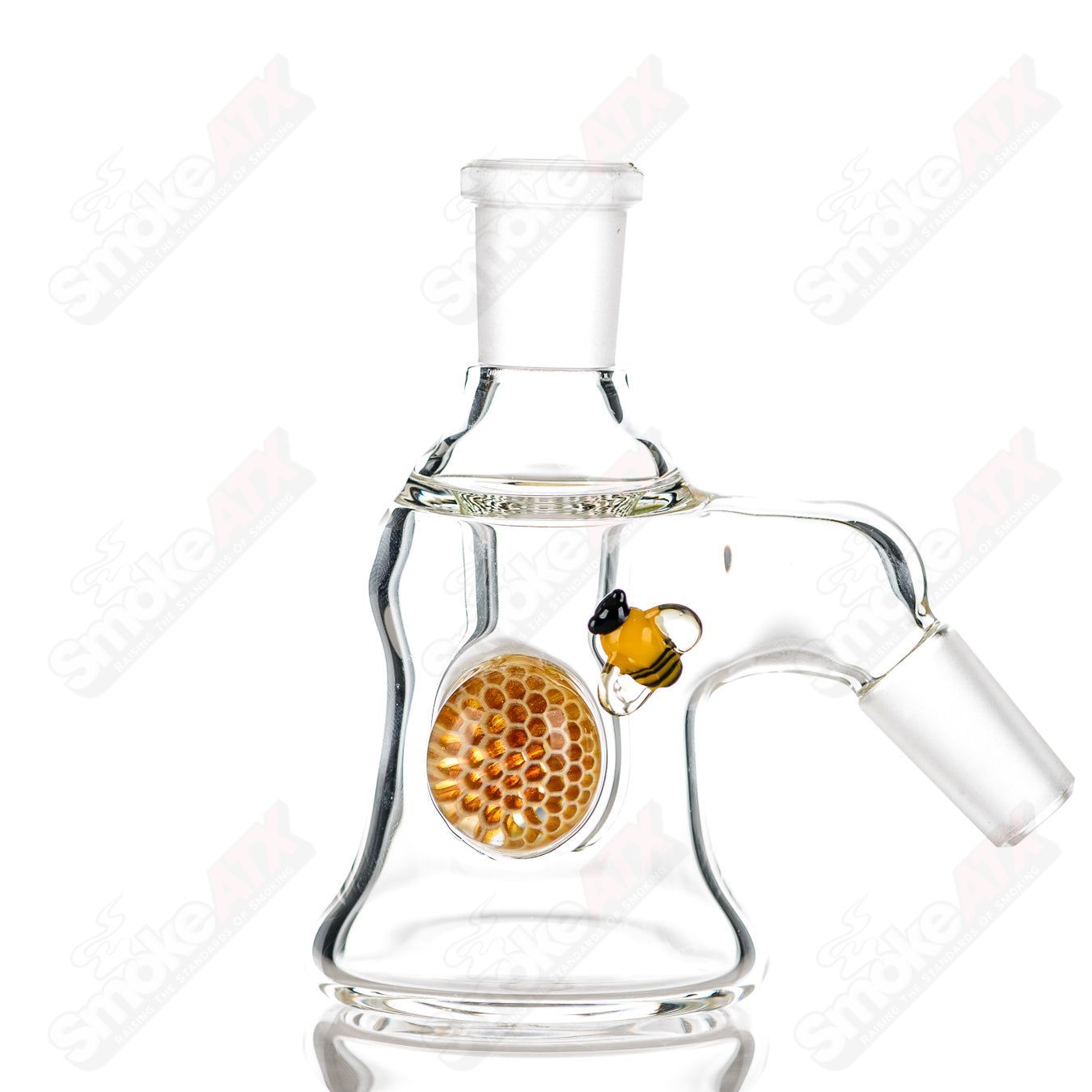 Joe P Glass 14/45 Clear Dry Catcher chillum with honeycomb design and bee accents, featuring a sleek heady glass style.