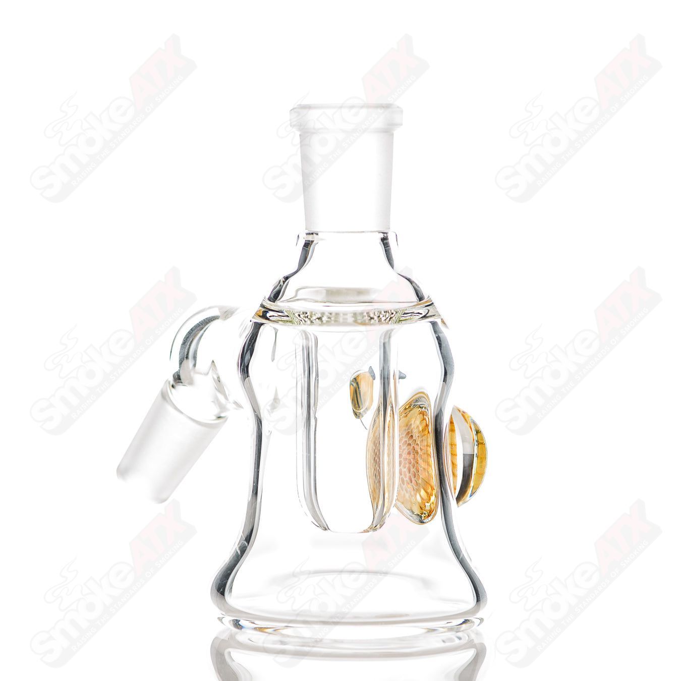 Joe P Glass 14/45 Clear Dry Catcher with honeycomb design and bee accents, heady glass chillum for smooth smoking experiences.