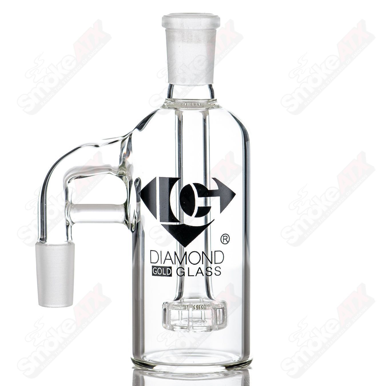 Clear ash catcher by Diamond Glass, 14/90 size, with diamond-shaped glass details for filtration and style.