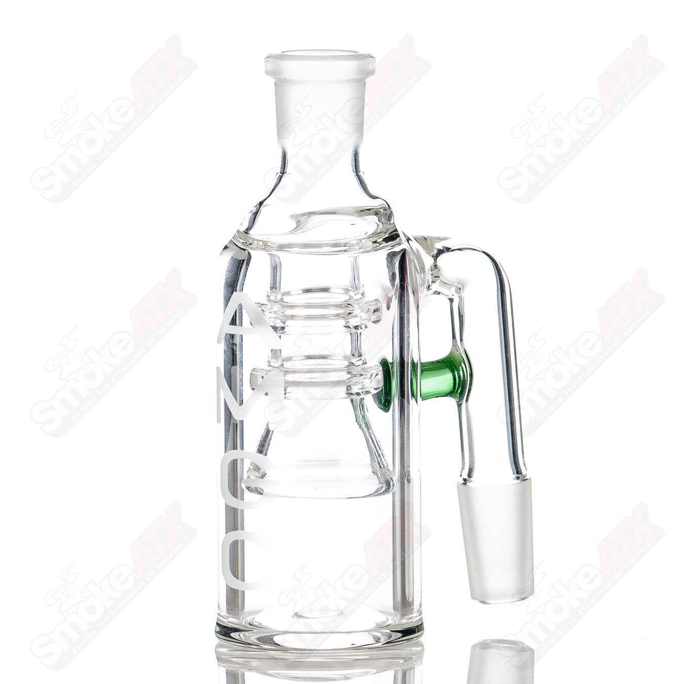 Austin Made Glass Co 14/90 Dry Catcher with green color accent, clear glass with colorful details, designed for dry catching.