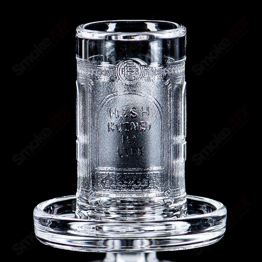 Glass banger from Quave Club Bangers, 14/90 Hash Ruined My Life Charmer design, clear borosilicate with intricate detailing.