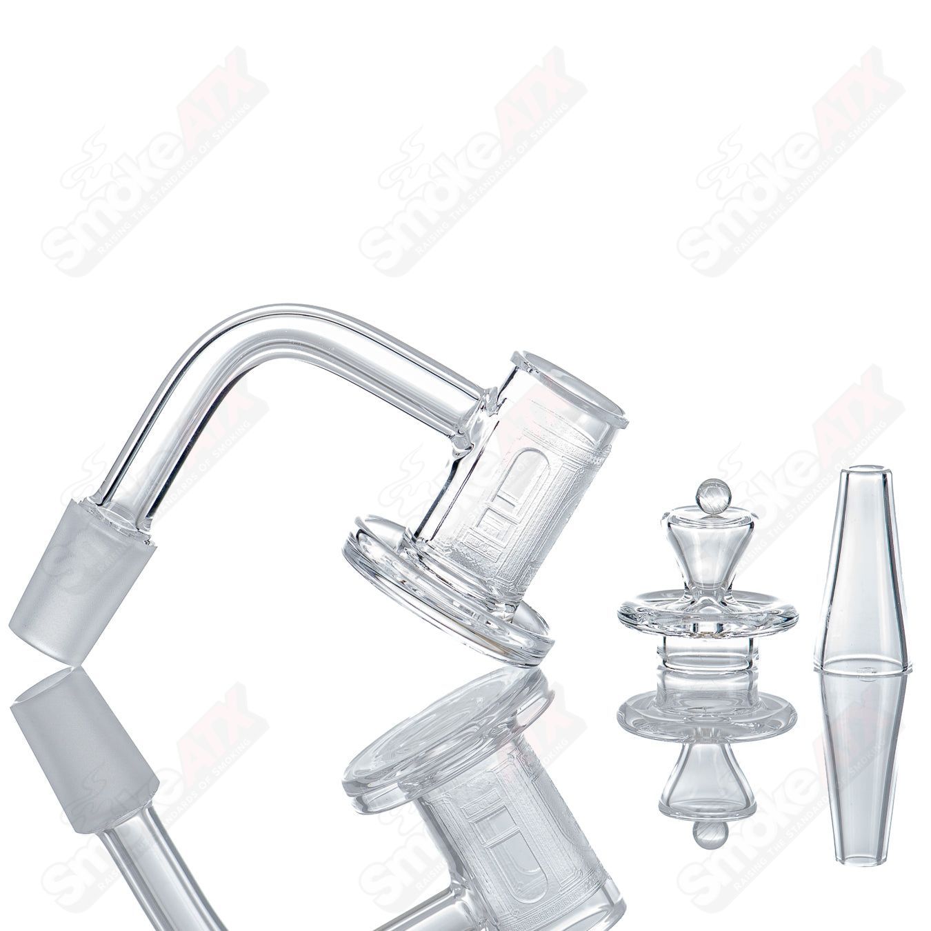 Glass banger from Quave Club Bangers, 14/90 Hash Ruined My Life Charmer design, clear glass with intricate detail.