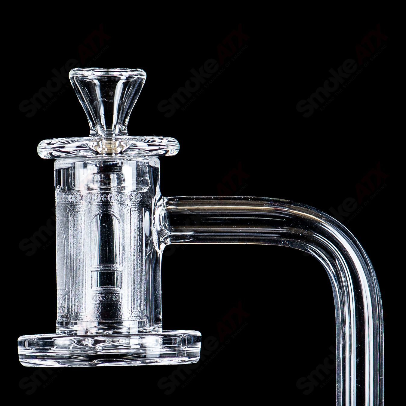 Glass banger from Quave Club Bangers, 14/90 Hash Ruined My Life Charmer design, with clear glass and intricate details.