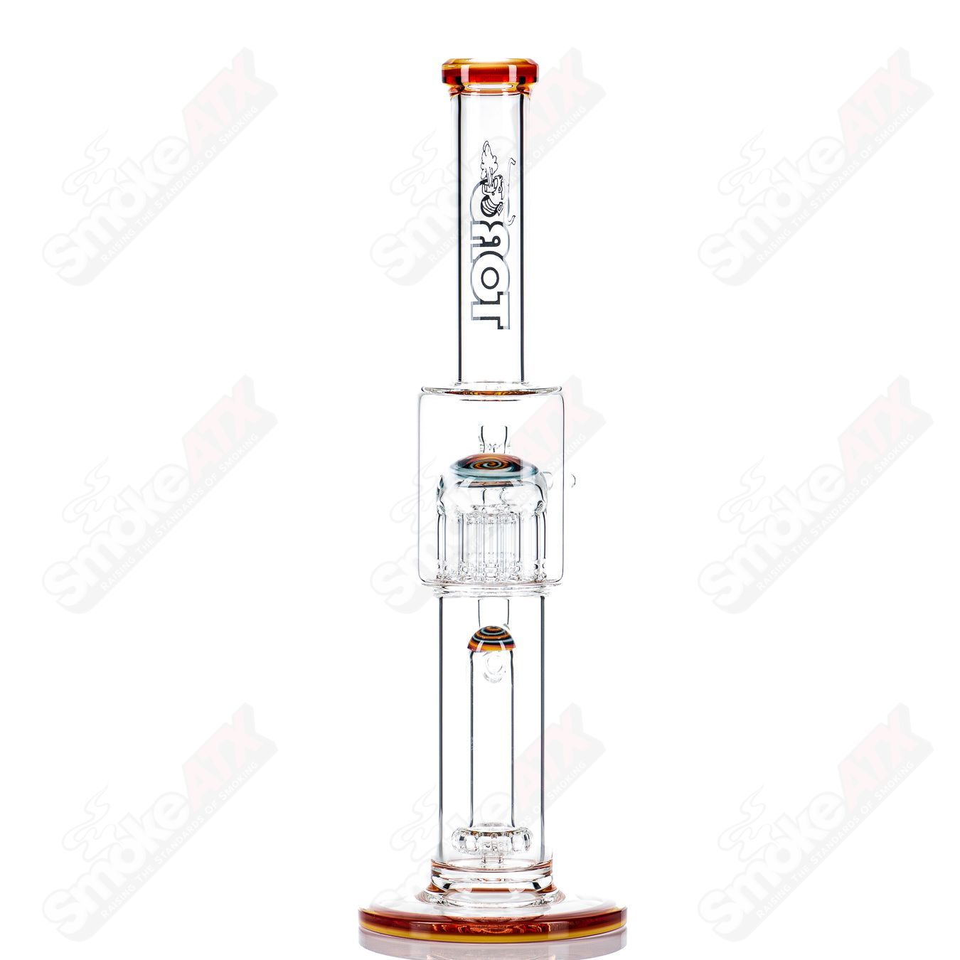 Toro Glass 14mm circular to 13-arm perc straight glass tube with reversal sections, designed for smooth filtration and airflow.
