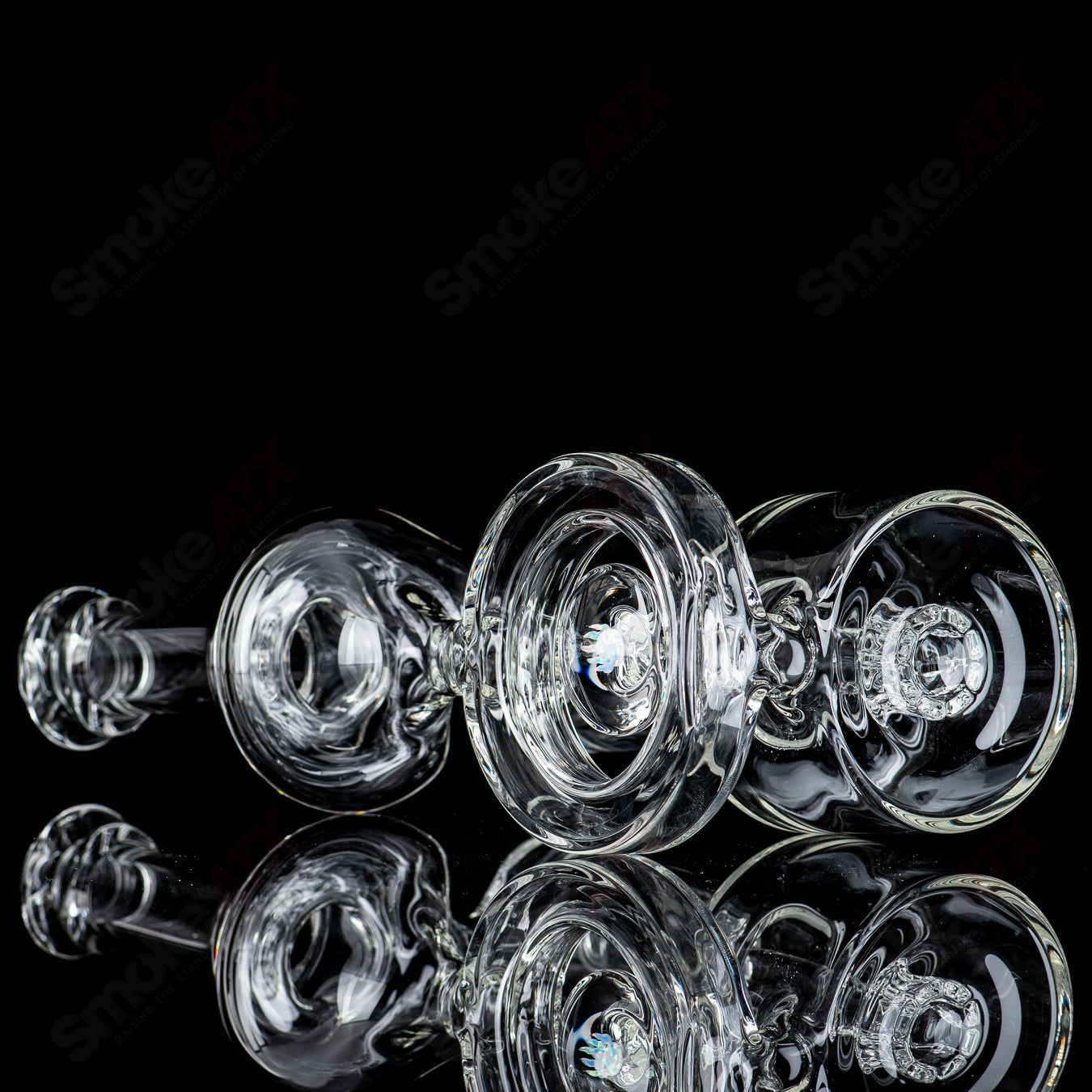 Clear 14mm double diffused Halo RBR glass concentrate rig by Bear Mountain Studios, featuring intricate glasswork and a compact design.