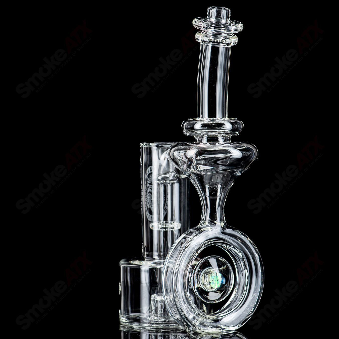 14mm clear double diffused Halo RBR concentrate rig by Bear Mountain Studios, featuring intricate glasswork and a sturdy base