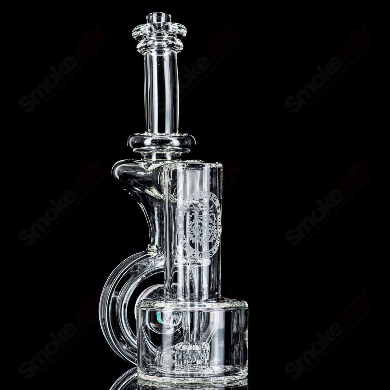 Clear 14mm double diffused Halo RBR concentrate rig by Bear Mountain Studios, featuring intricate glass design and precise craftsmanship.