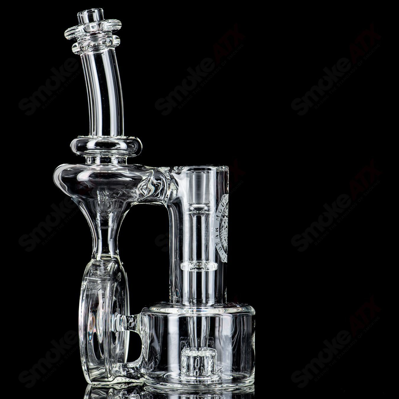 Clear 14mm double diffused Halo RBR concentrate rig by Bear Mountain Studios with intricate glass design and thick base.