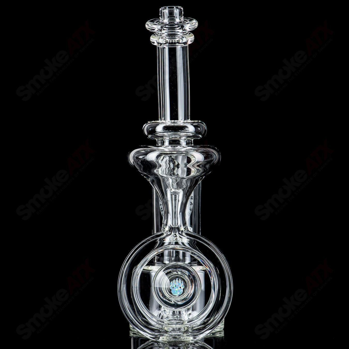 Clear 14mm double diffused Halo RBR concentrate rig by Bear Mountain Studios with intricate glass design and thick base.