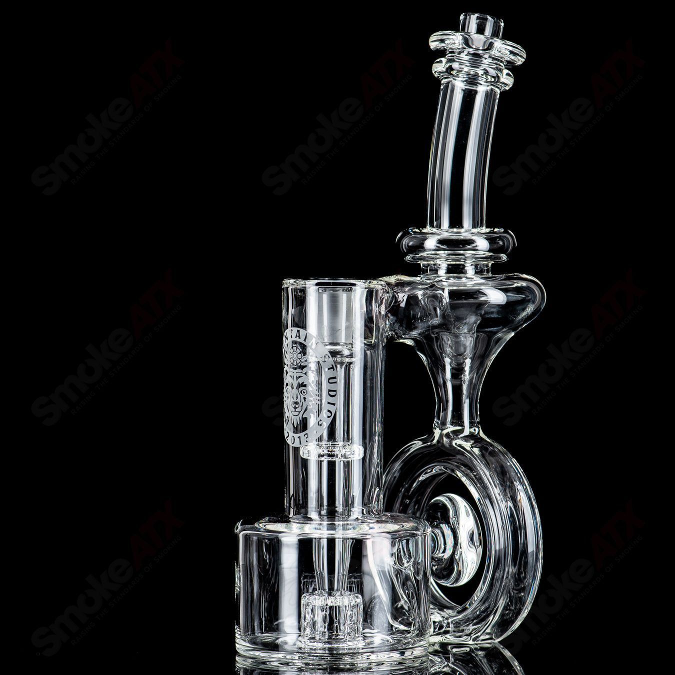 Clear 14mm Double Diffused Halo RBR concentrate rig by Bear Mountain Studios, featuring intricate glass design and precise craftsmanship.