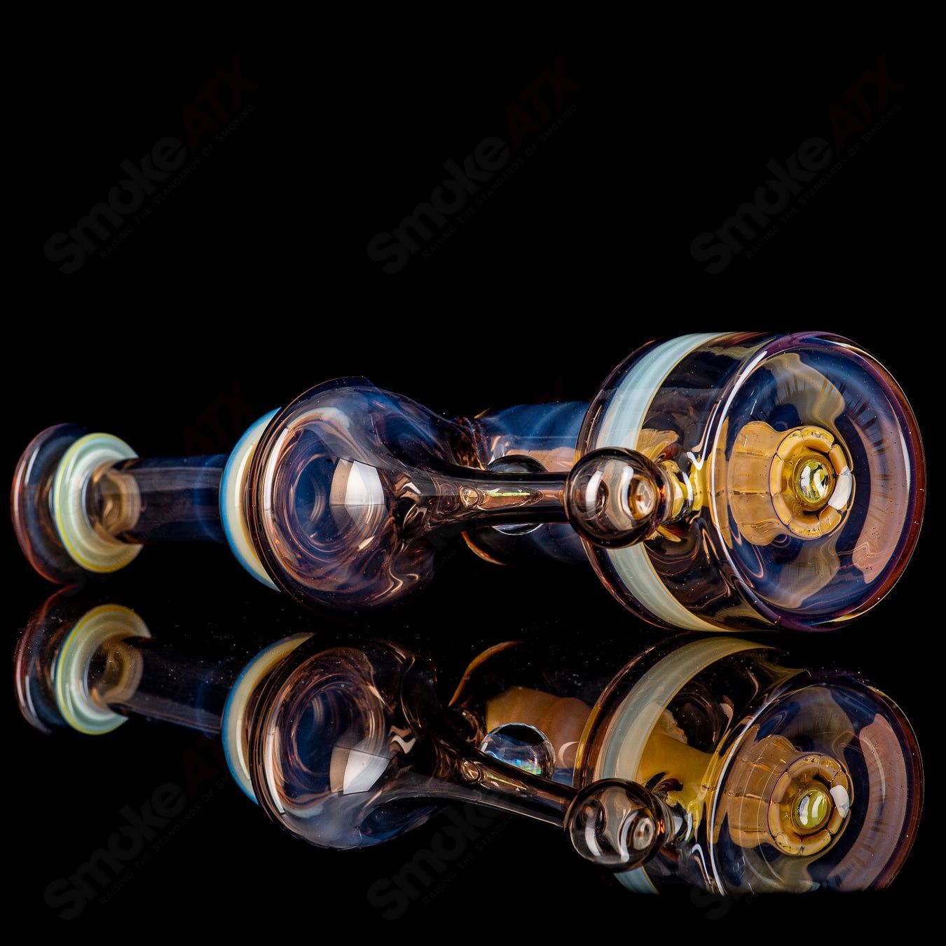 14mm double diffused RBR concentrate rig by Bear Mountain Studios with chocolate opal and ghostover yellow accents.