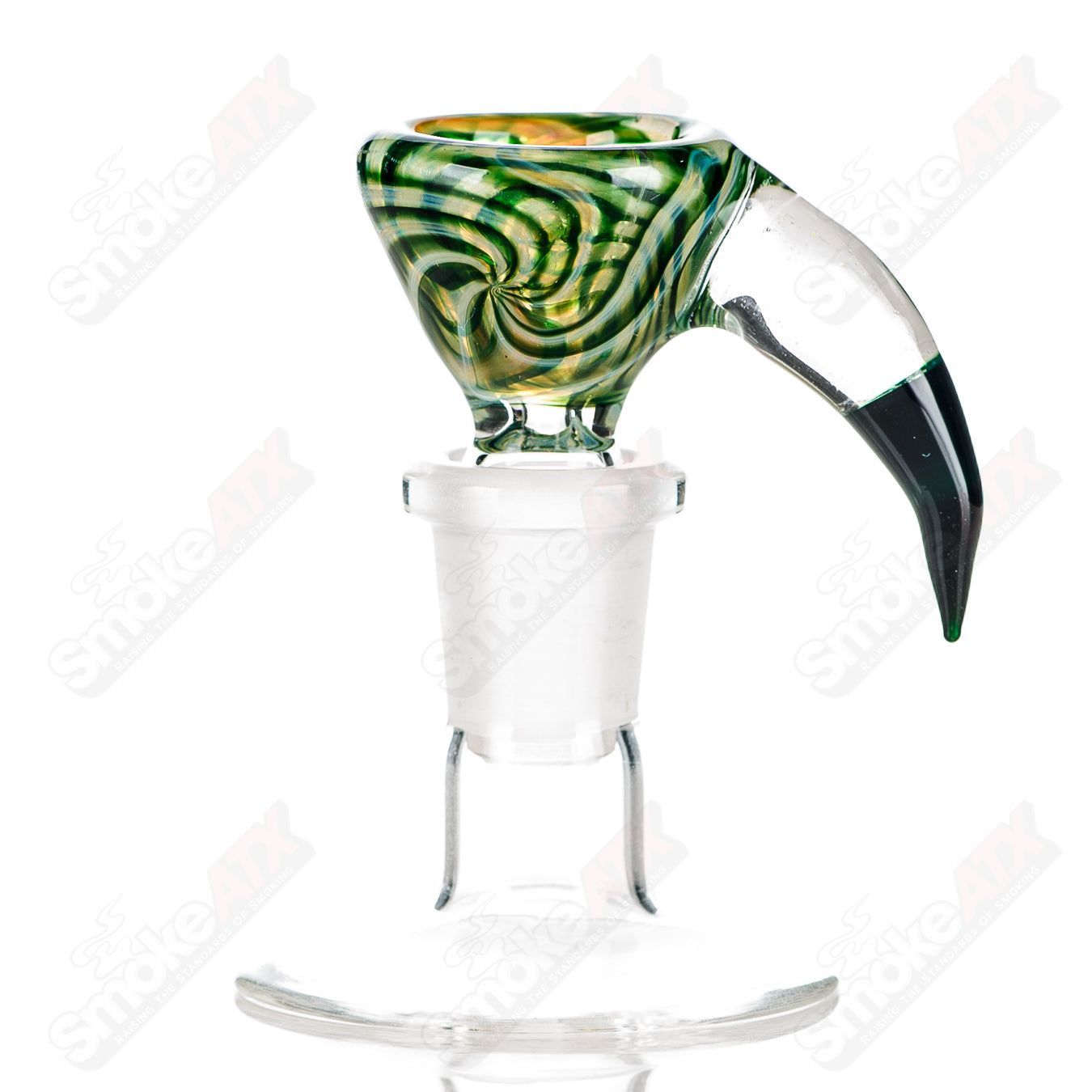 14mm green spiral Martini slide with opal and black horn accents by Indo Glass, glass bowl for smoking devices.