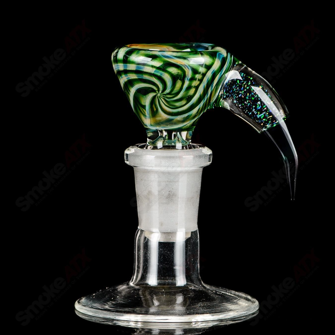 14mm green spiral Martini slide with opal and black horn accents, Indo Glass bowl piece for water pipes.