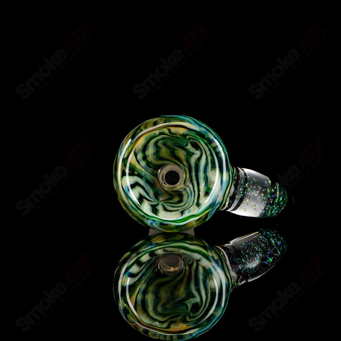 14mm green spiral martini slide with opal and black horn accents in Indo Glass bowl, handcrafted glass piece for water pipes.