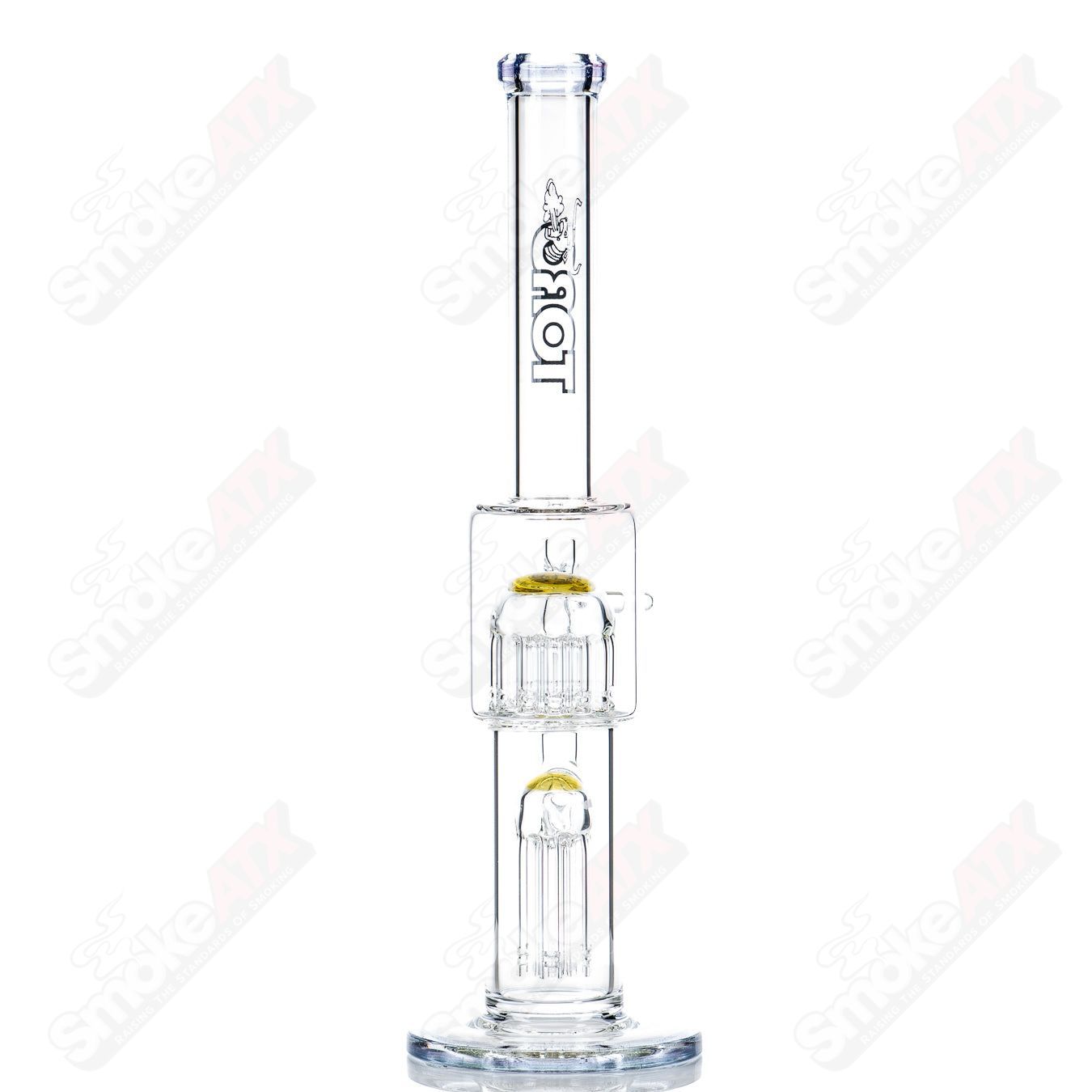 Toro 14mm Mini 7/13 arm perc glass straight tube with colorful cap, designed for smooth smoking experience.