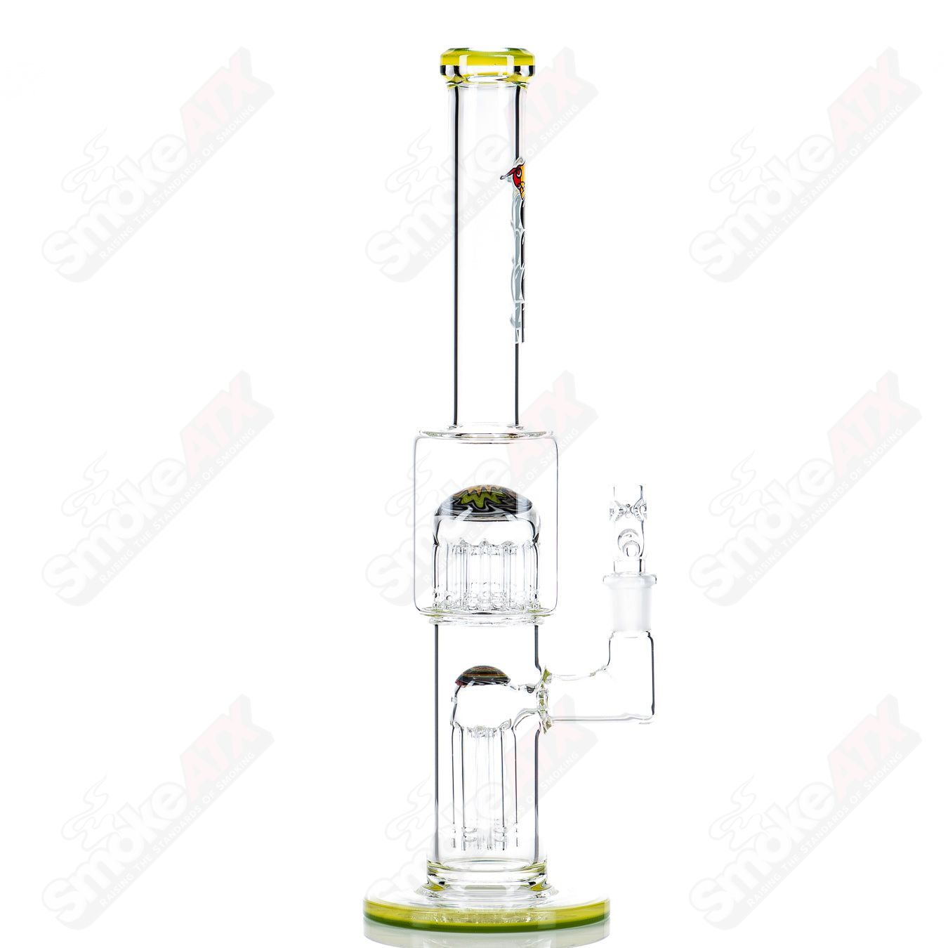 Toro Glass 14mm Mini 7/13 Arm Perc straight tube with reversal sections, showcasing intricate glasswork and sturdy joint.