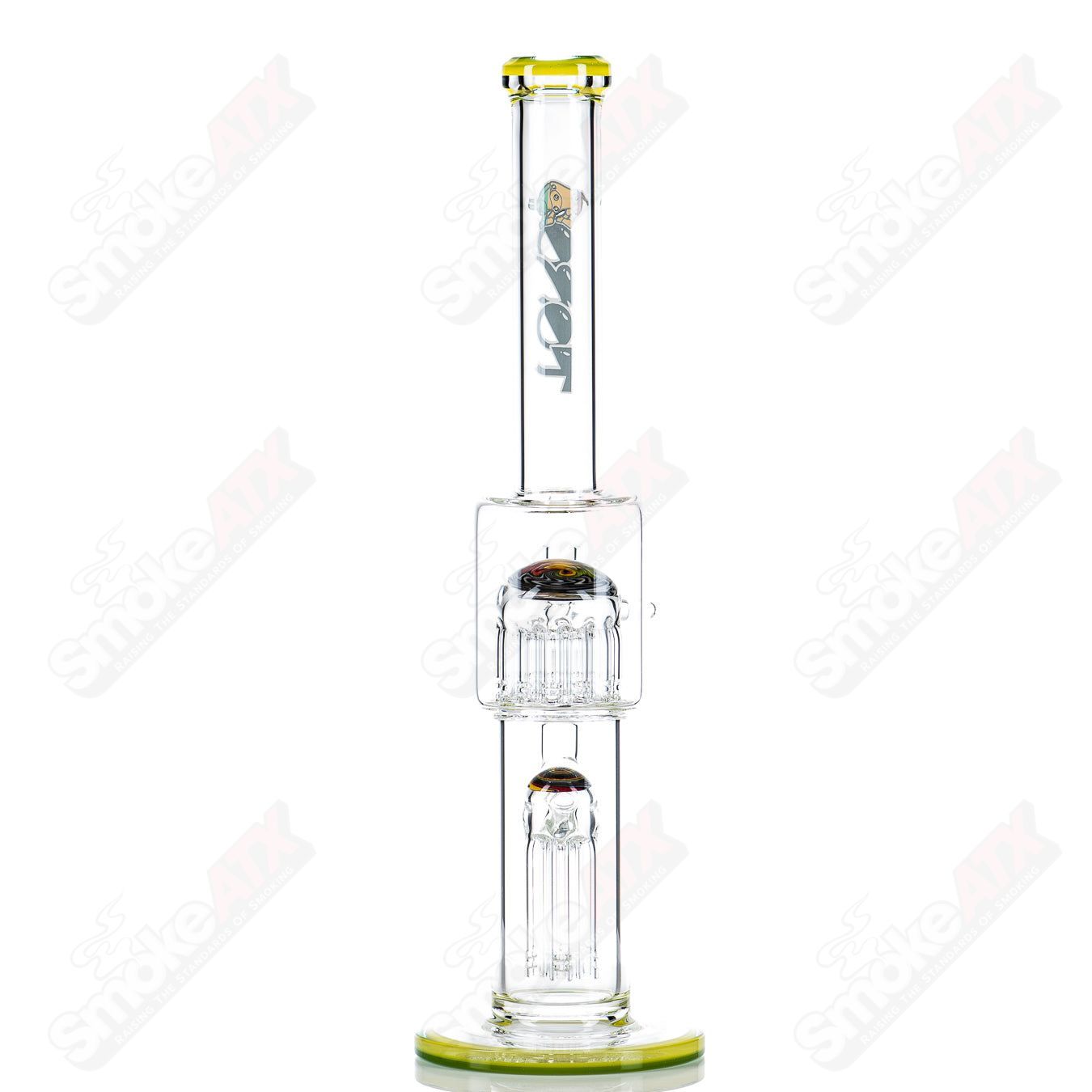 Toro Glass 14mm mini 7/13 arm perc straight tube with reversal sections, showcasing intricate glasswork and clear design.