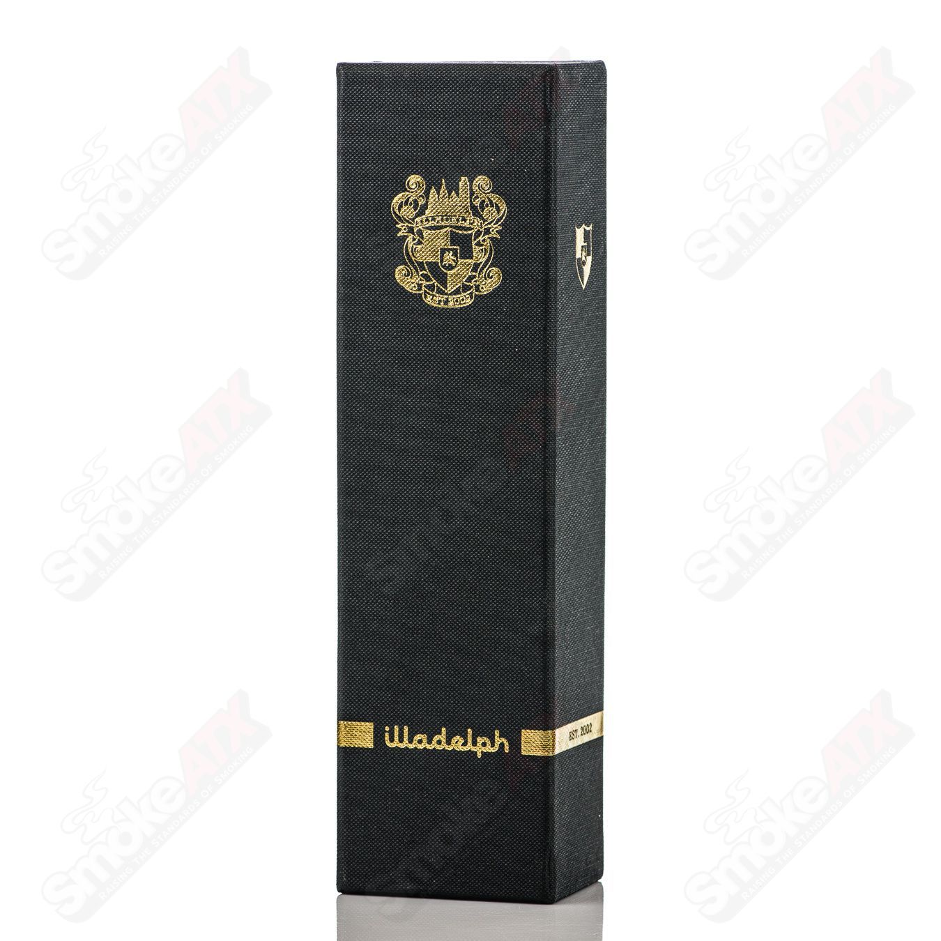 14mm Illadelph downstem in white with black label, glass replacement piece for smoking devices, showcasing clear glass design.