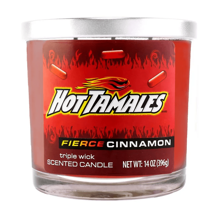 14oz Licensed Snacks scented candle from Licensed Snacks Scented Candles, featuring colorful snack-themed packaging and a lit wick.