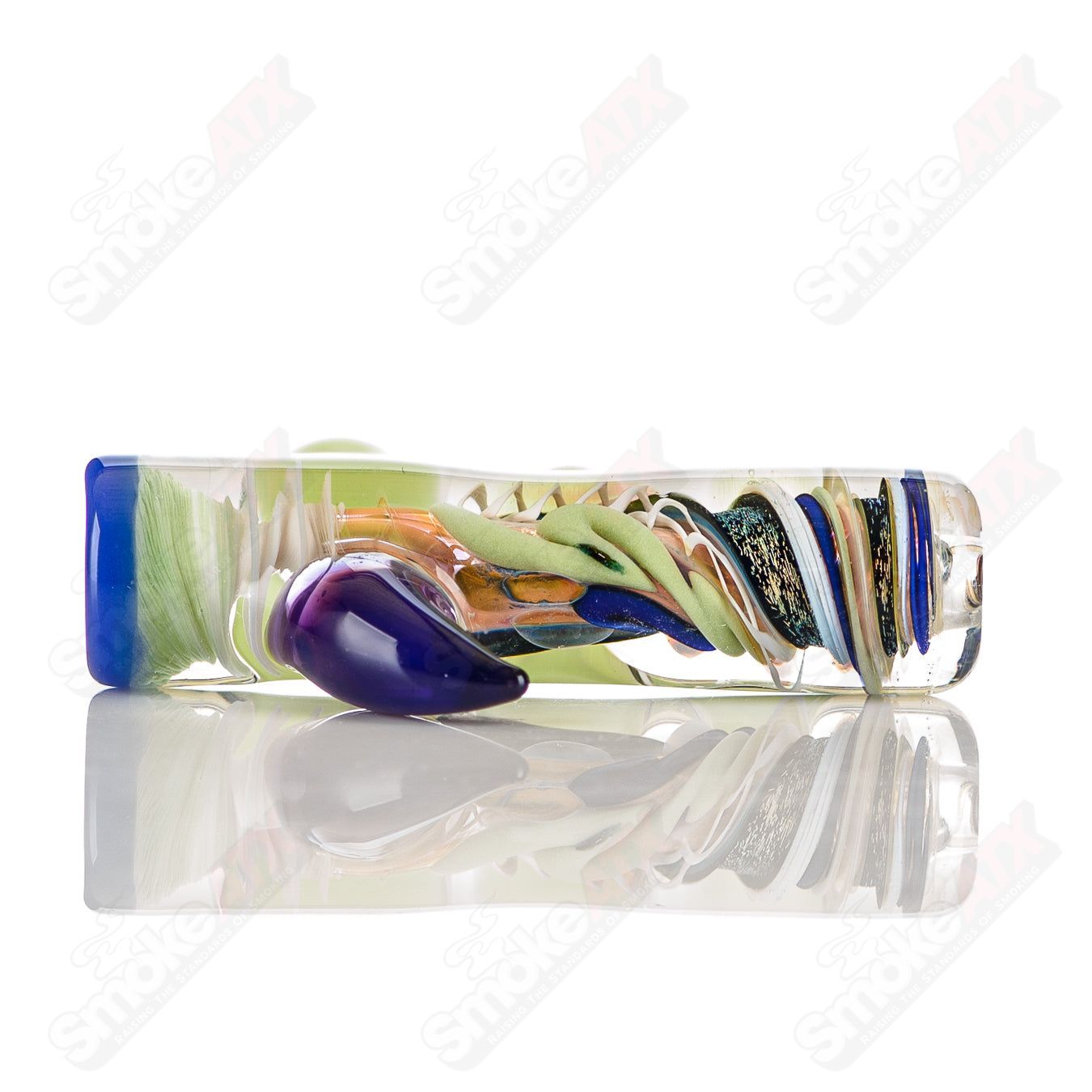 Colorfully worked IO Chillum by Jeremy from Oregon, heady glass pipe with intricate 15-color design for smoking.