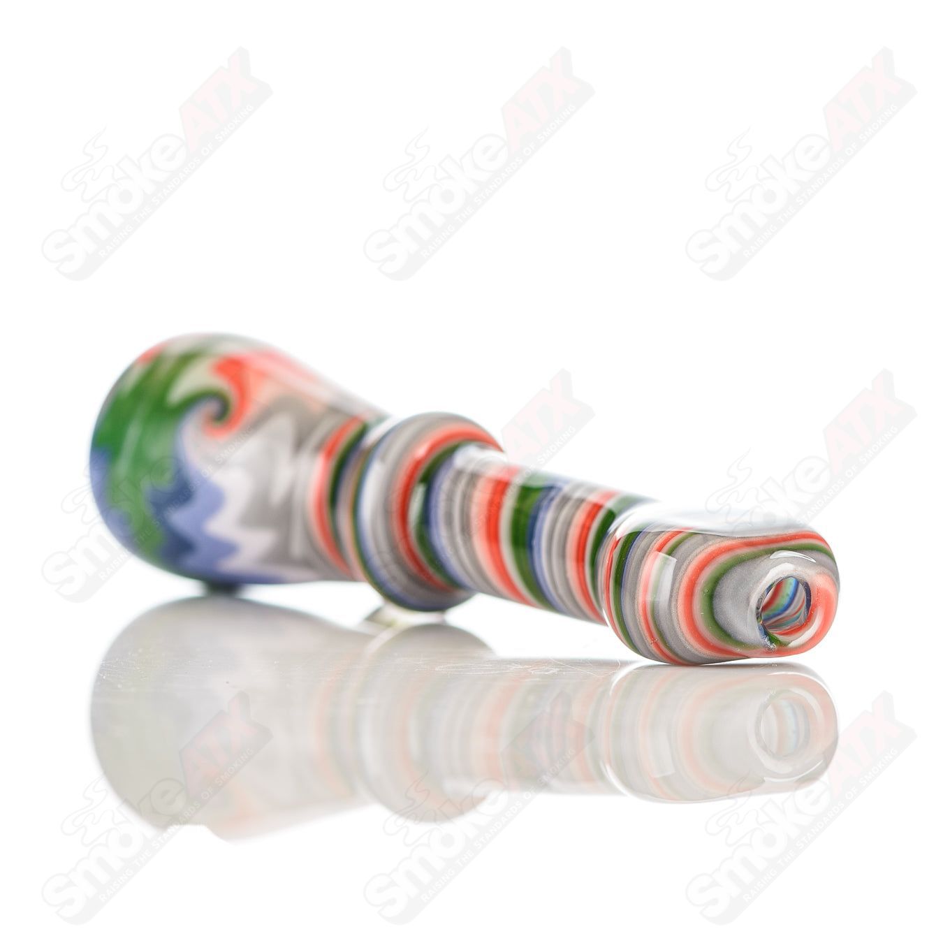 Katy Wright Glass Wig Wag Chillum, colorful heady glass pipe with intricate wig wag pattern, designed for smoking.