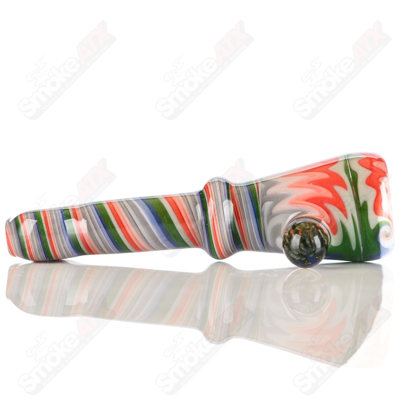 Katy Wright Glass Wig Wag Chillum, hand-blown heady glass pipe with vibrant wig wag pattern and clear glass details.