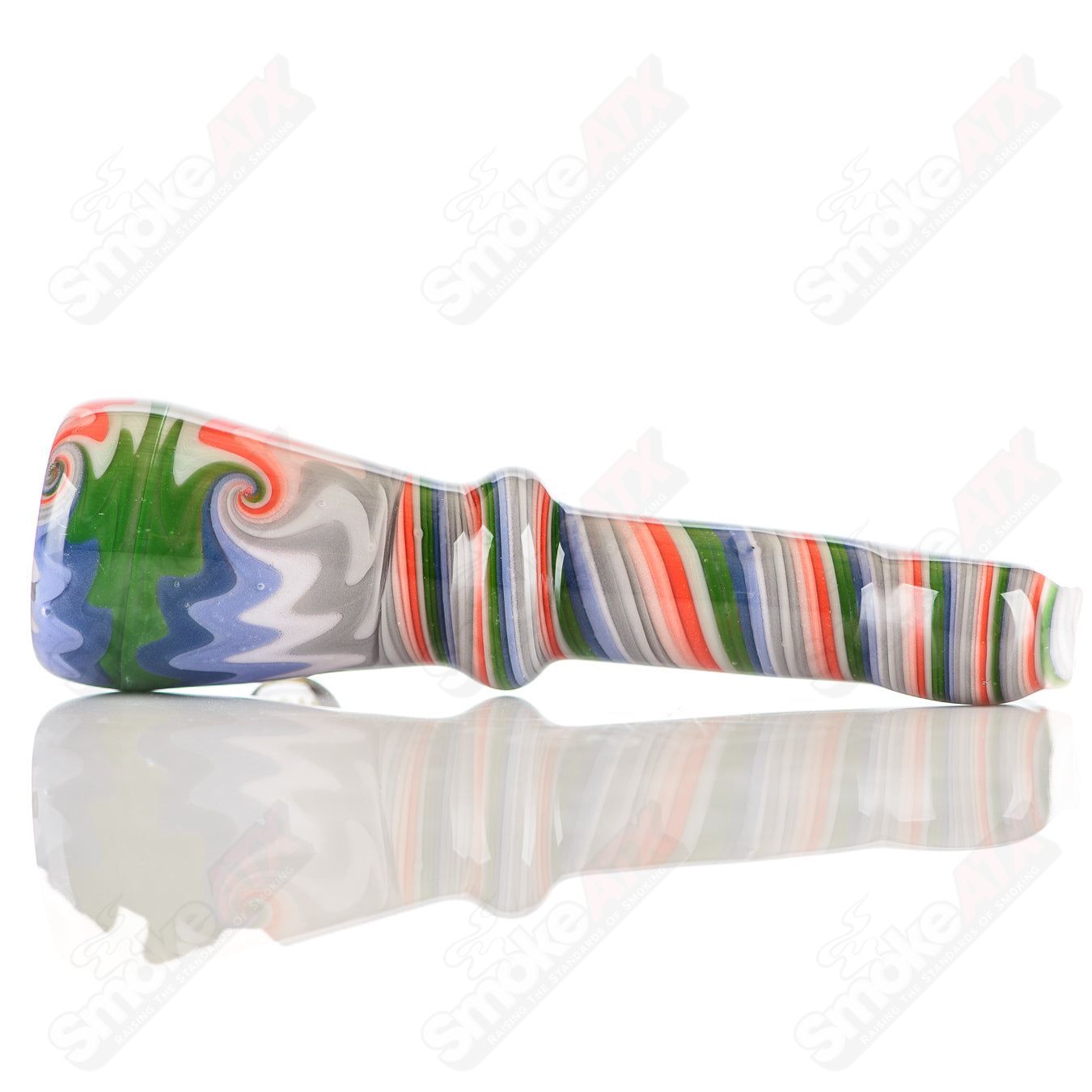 Katy Wright Glass Wig Wag Chillum, colorful heady glass pipe with intricate wig wag design, used for smoking.