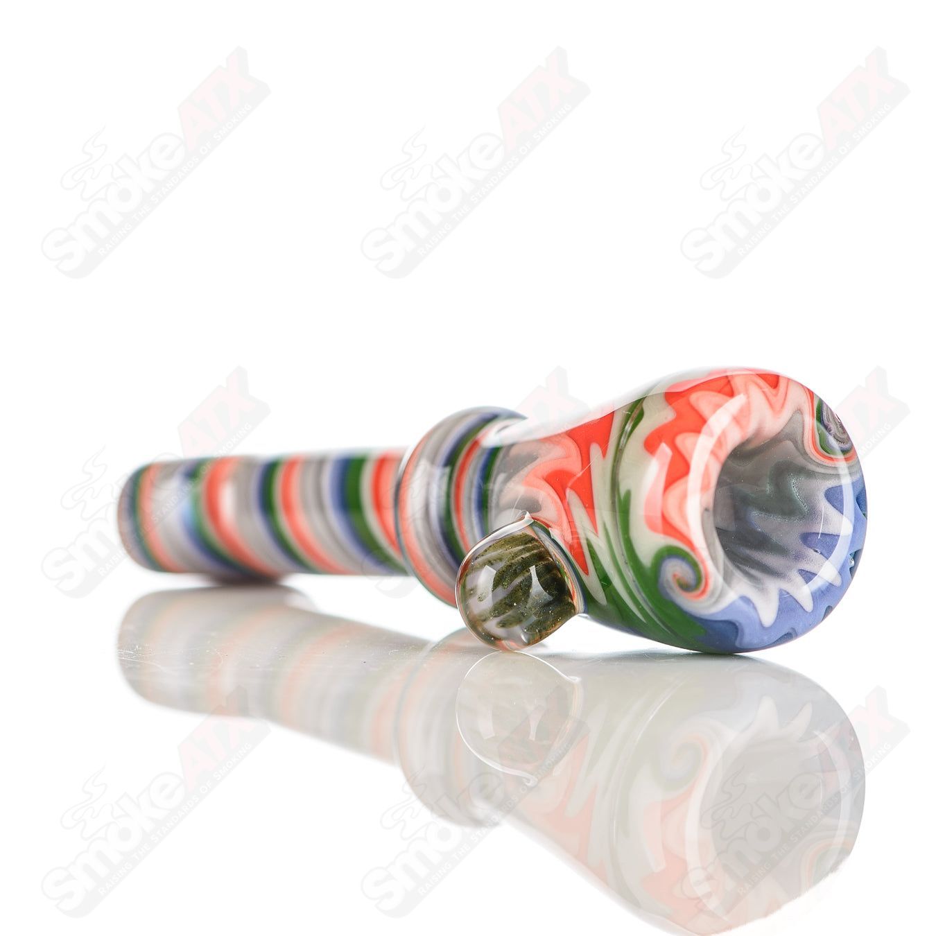 Katy Wright Glass Wig Wag Chillum, colorful heady glass pipe with wig wag pattern, small handheld chillum for smoking.