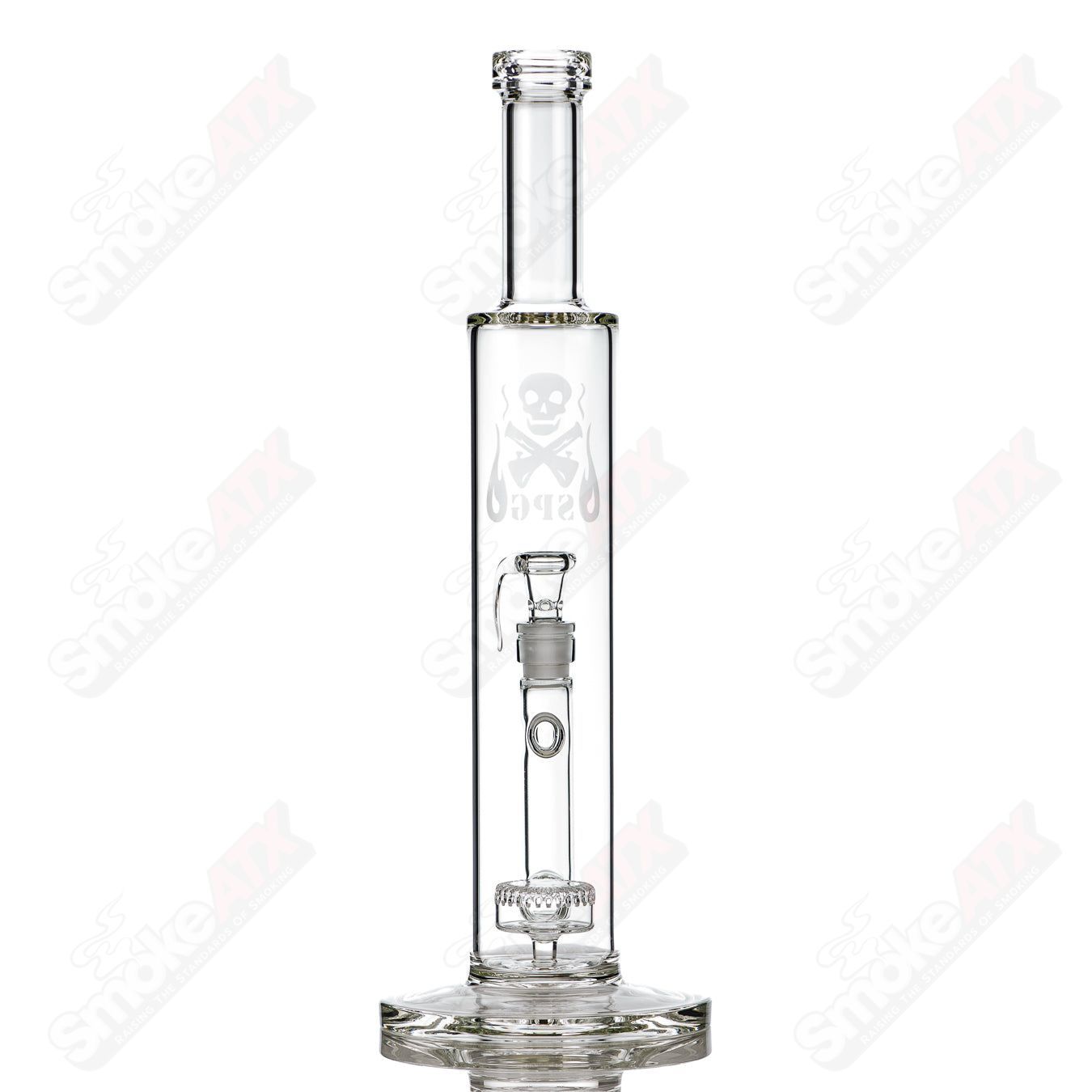 15-inch clear glass puck perc tube by Stephan Peirce Glass, straight tube design with multiple percolators for smooth filtration.