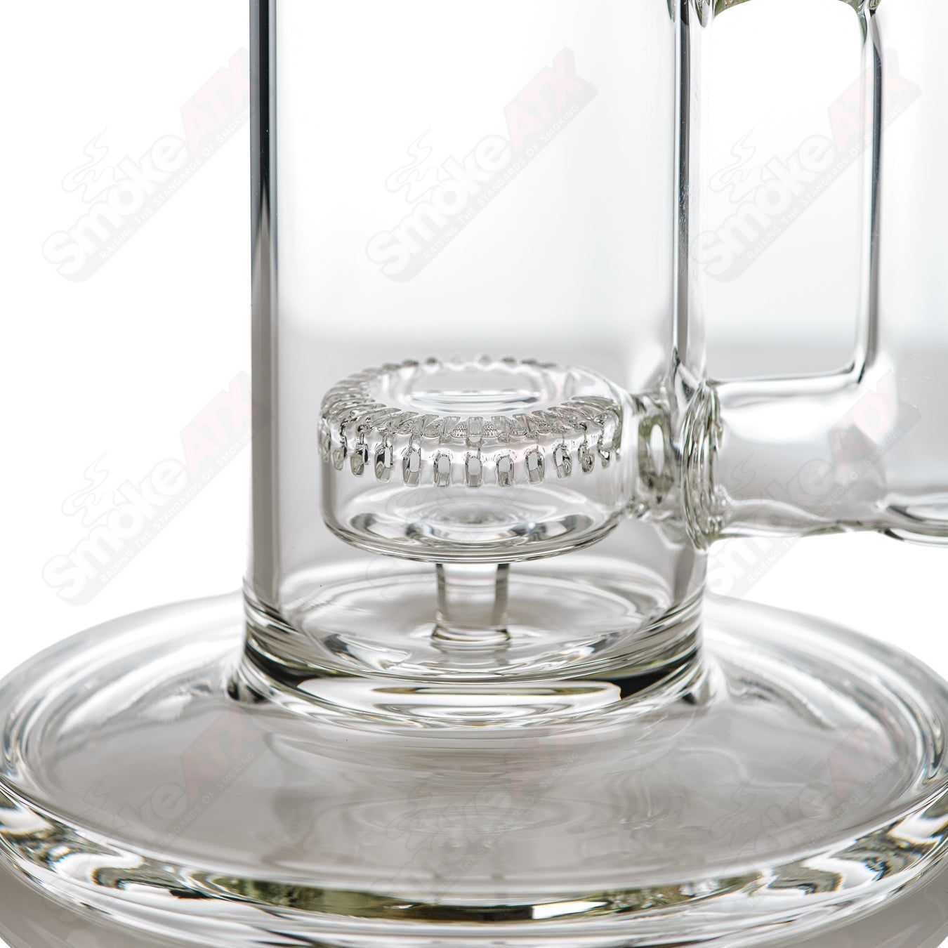 15-inch clear glass Puck Perc Tube by Stephan Peirce Glass, straight tube design for smooth water filtration.