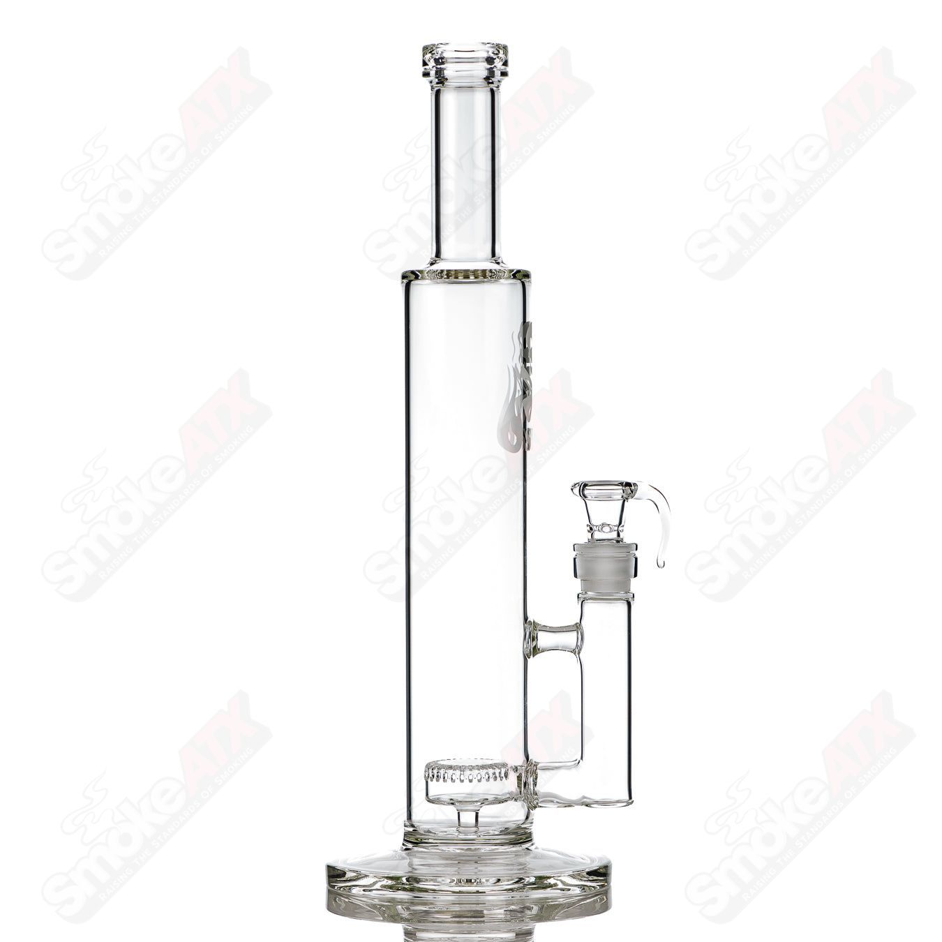 15-inch clear glass puck perc tube by Stephan Peirce Glass, straight tube with multiple percolators for smooth filtration