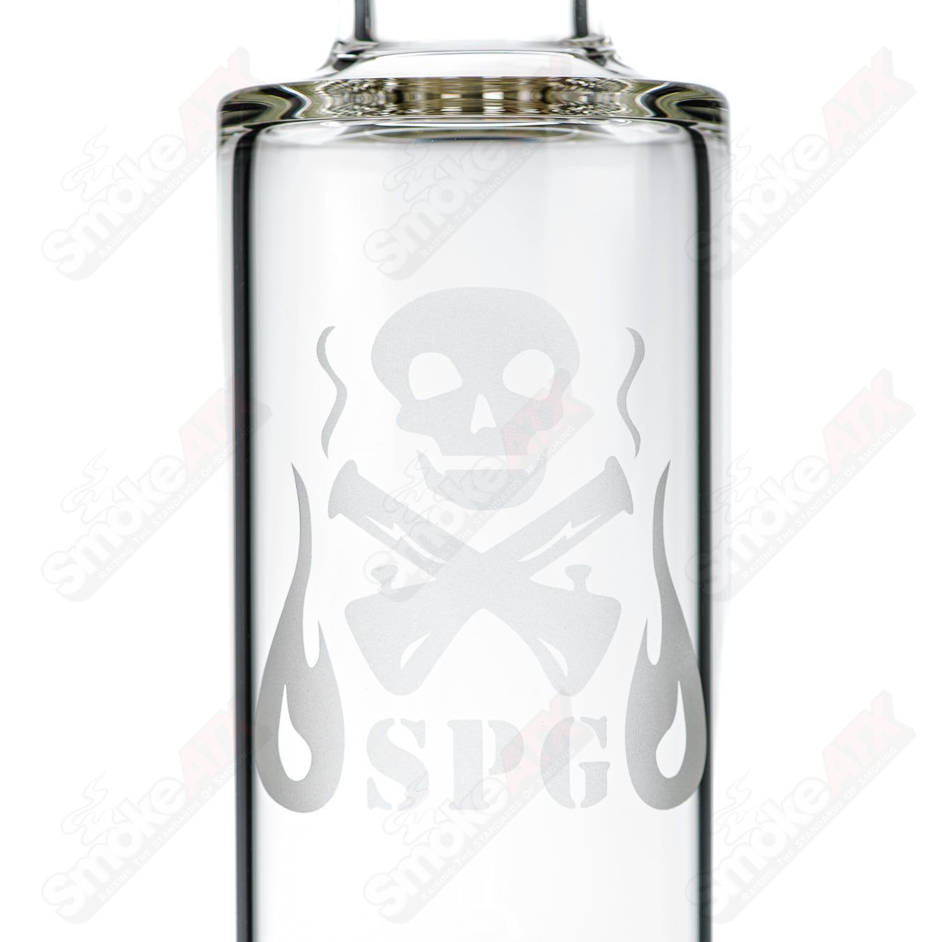 15-inch clear glass puck perc tube by Stephan Peirce Glass, straight tube with multiple percolators for smooth filtration