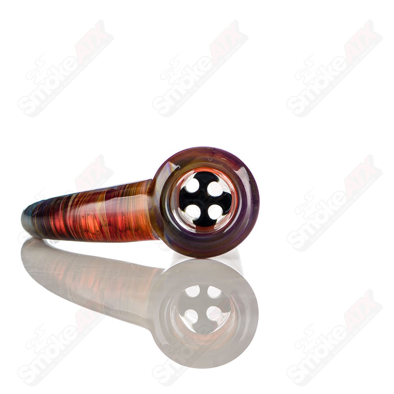 Colorful 18mm Texas Tubes 4-hole slide bowl by Heady Glass, featuring intricate worked design and vibrant colors.