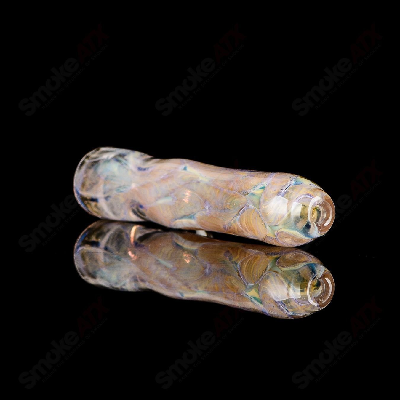 JMK Glass signed #16 I/O Worked chillum, handcrafted glass smoking pipe with intricate design and smooth finish.