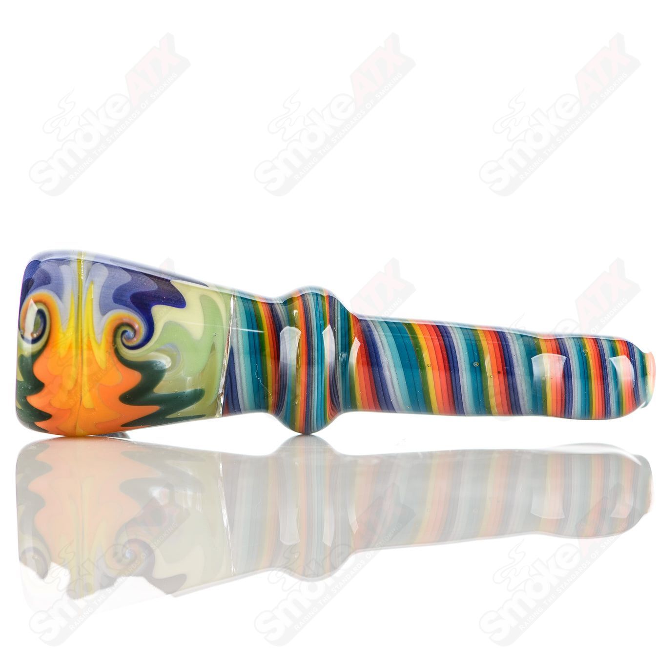 Katy Wright Glass Wig Wag Chillum, colorful heady glass pipe with intricate wig wag design, small handheld chillum for smoking.