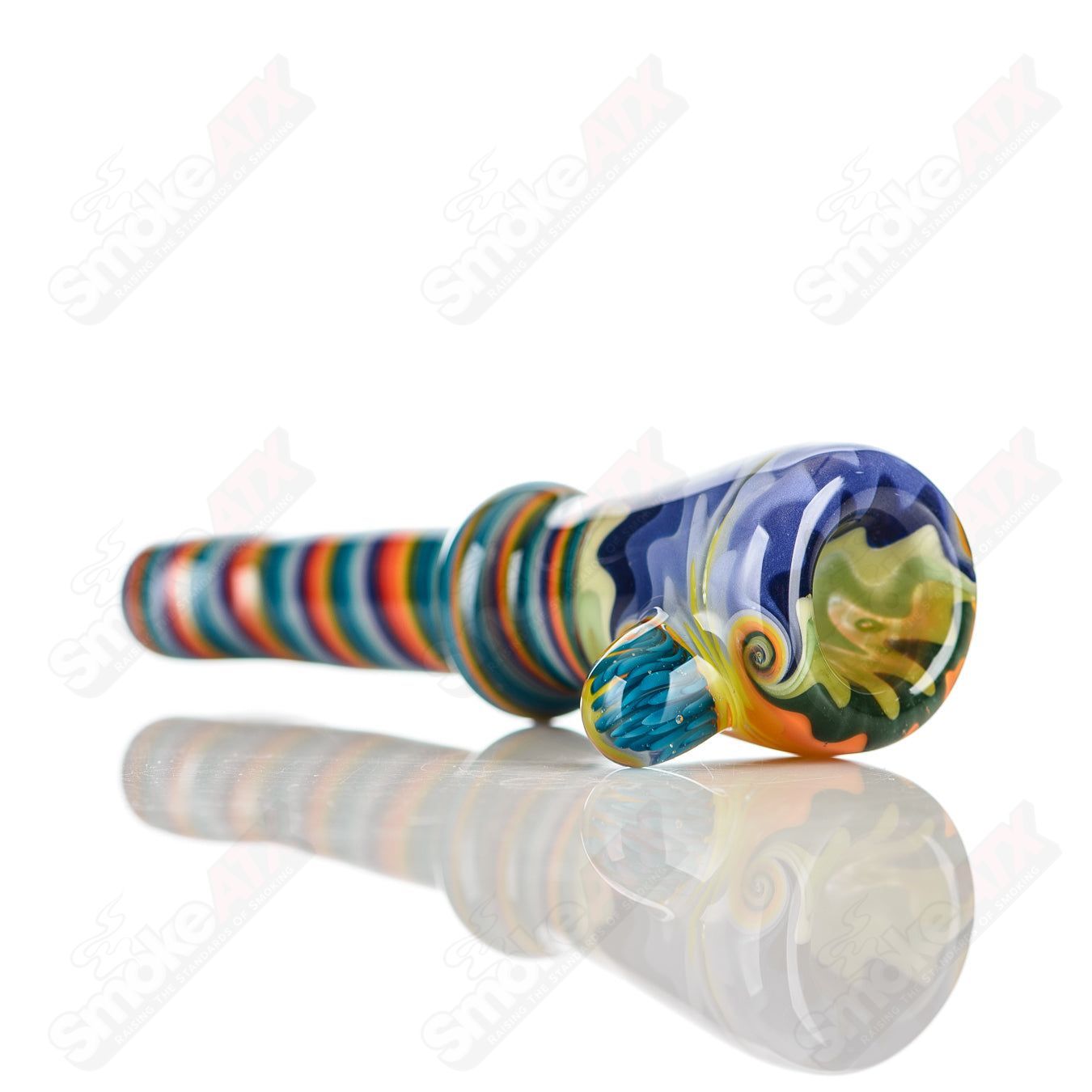 Katy Wright Glass Wig Wag Chillum, colorful heady glass pipe with vibrant wig wag pattern for smoking or display.
