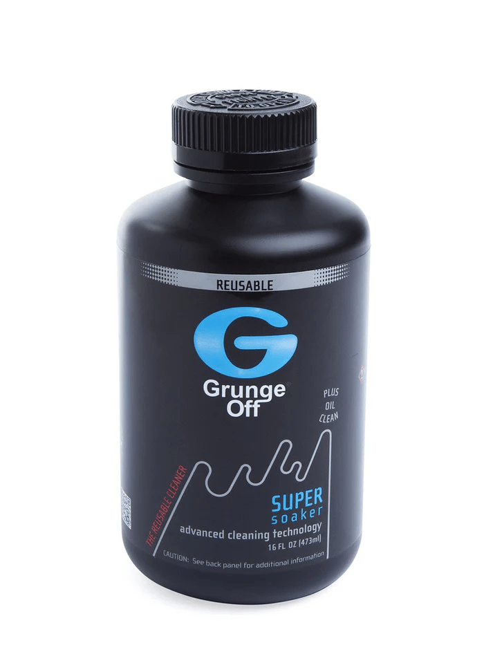 16oz Grunge Off Super Soaker glass cleaner bottle with spray nozzle for removing tough grime and stains.
