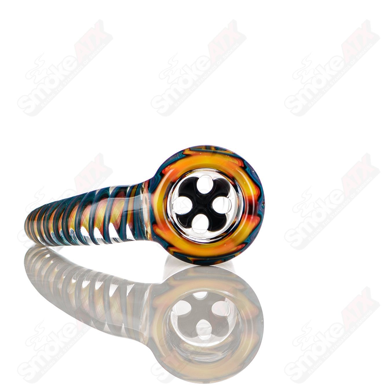 Colorful 18mm Texas Tubes 4-hole slide by Heady Glass with intricate worked design and vibrant colors.
