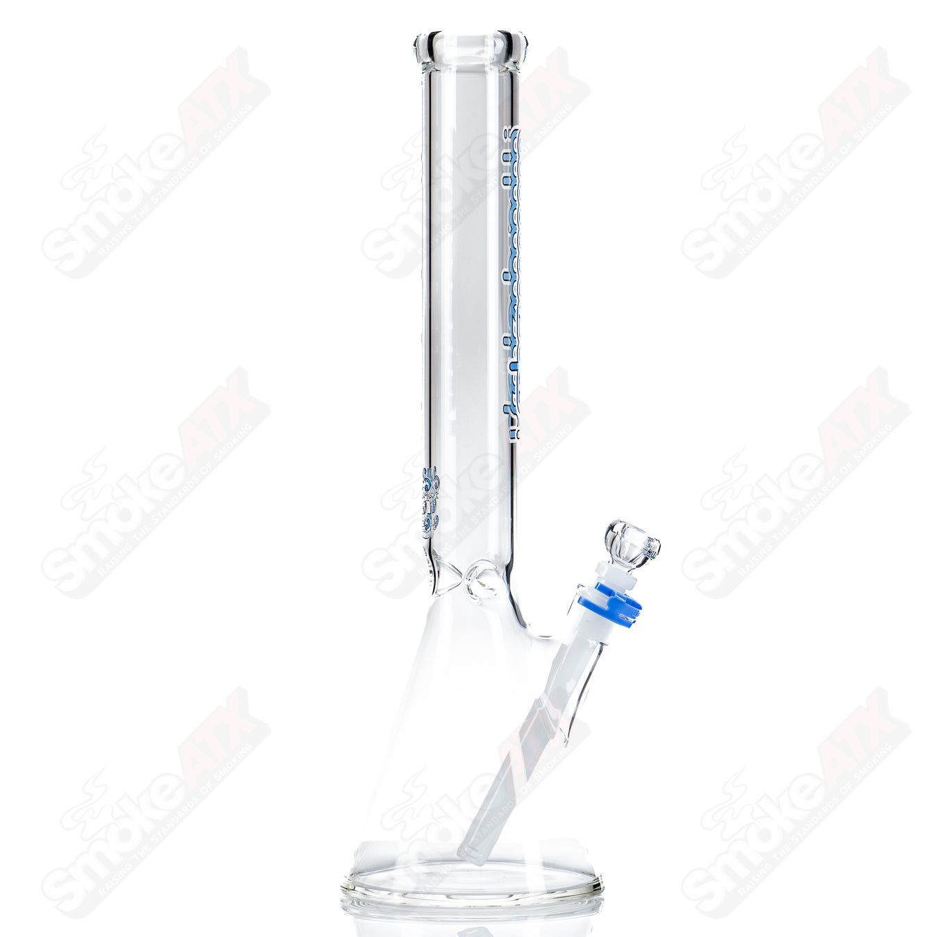 Blue 17-inch Illadelph glass beaker waterpipe with 5mm thickness, featuring a short, sturdy design and clear glass accents.
