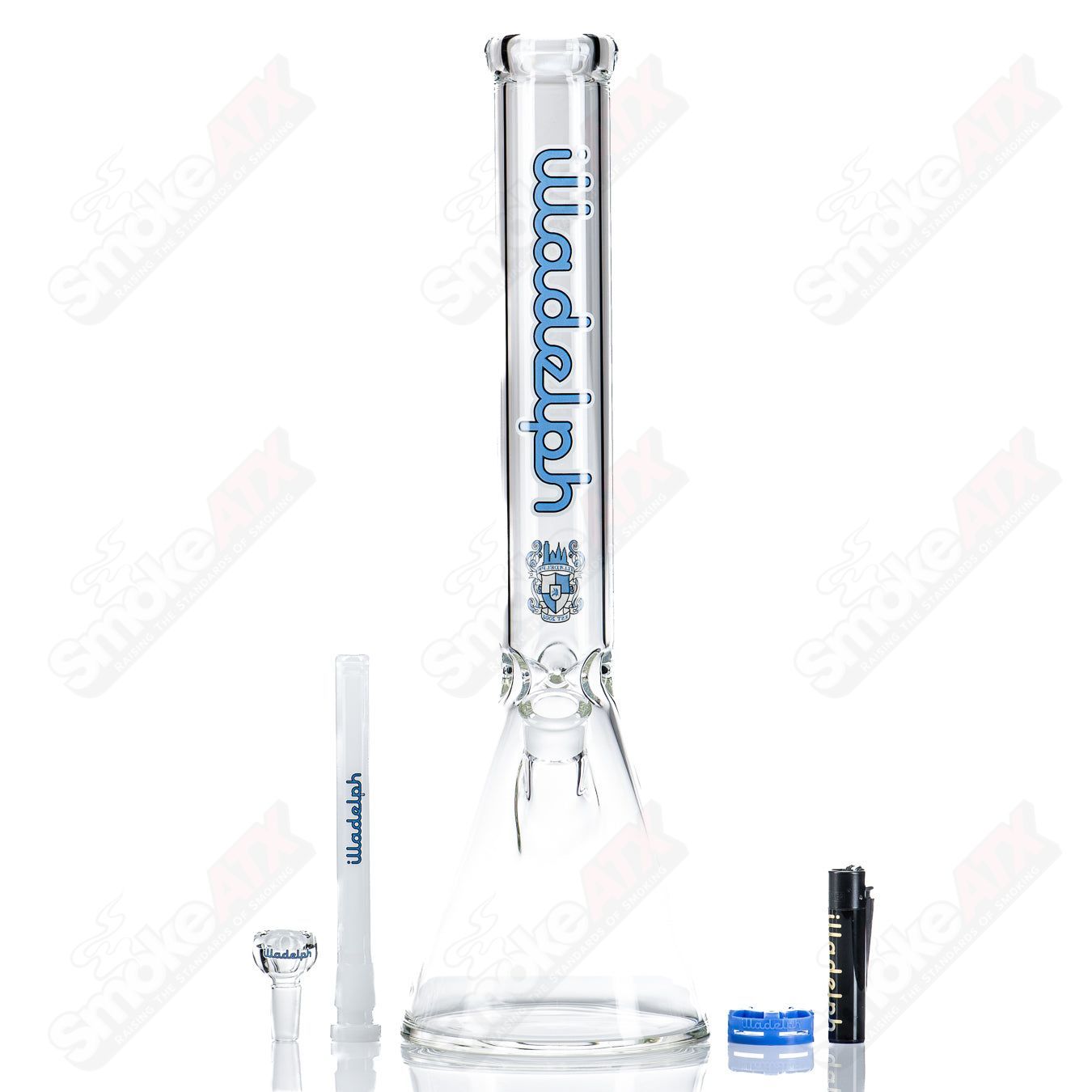 Blue 17-inch Illadelph waterpipe with a short beaker design and 5mm thick glass for durable, smooth smoking experience.