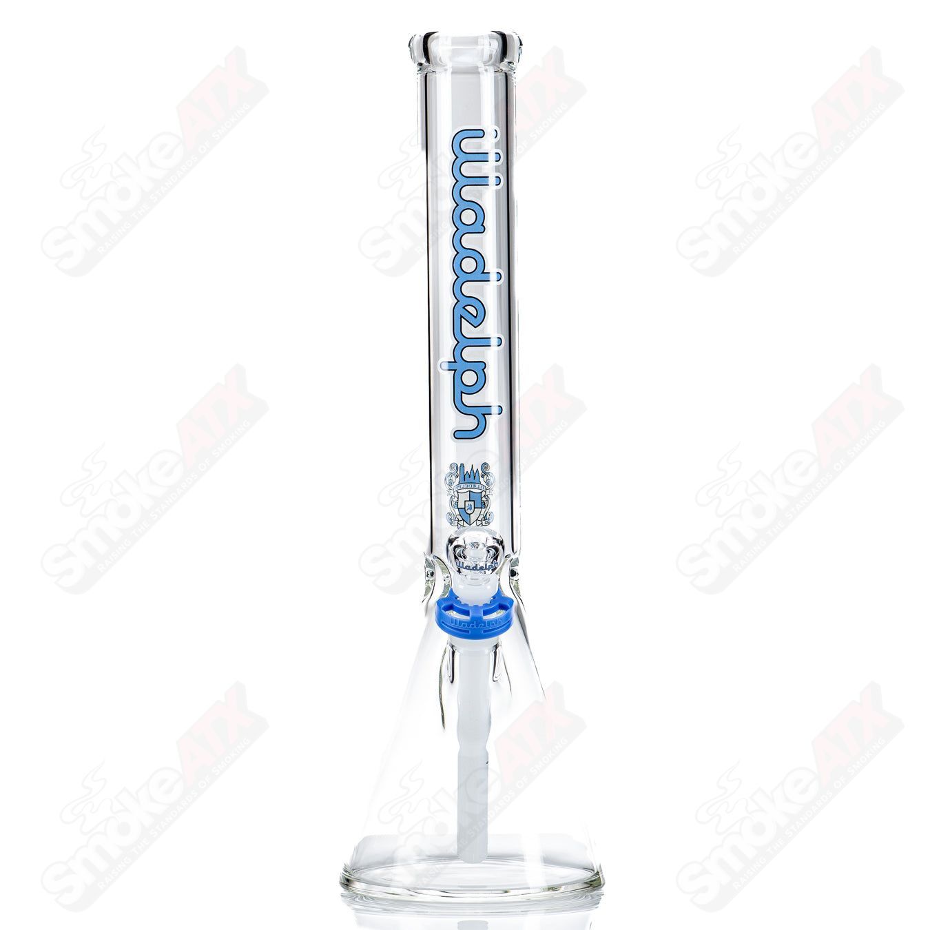 Blue 17-inch Illadelph short beaker waterpipe with 5mm glass thickness, featuring a clear glass base and water filtration.