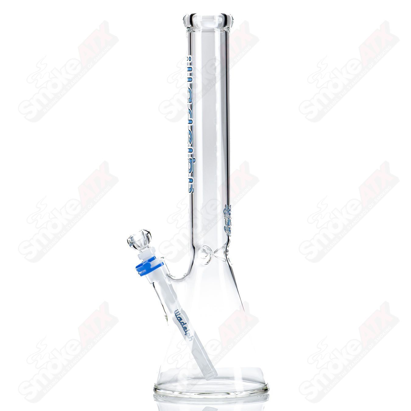 Blue 17-inch Illadelph glass beaker waterpipe with 5mm thickness, featuring a short design and clear glass detailing.
