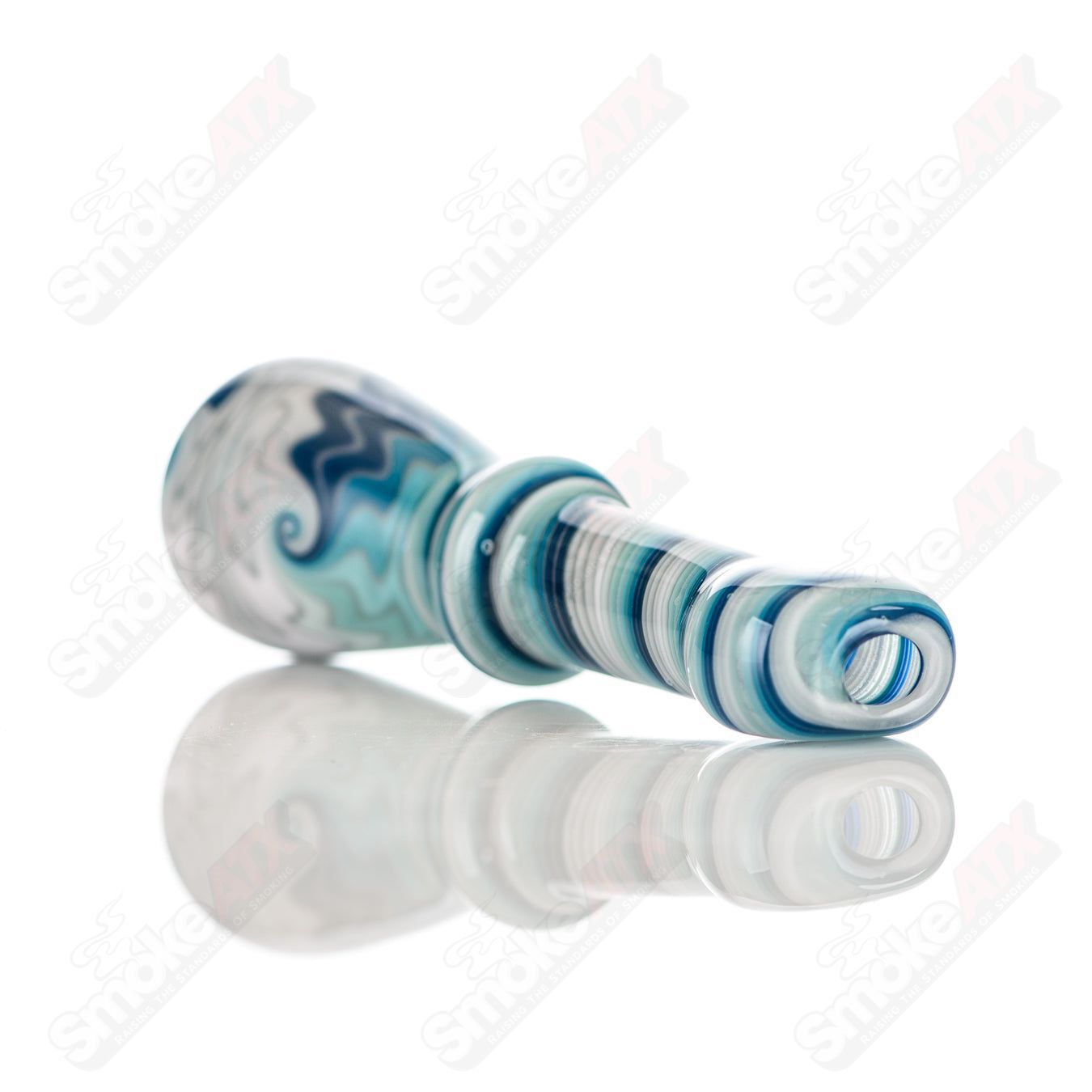 Katy Wright Glass Wig Wag Chillum in clear heady glass with colorful wig wag pattern, compact and handcrafted for smoking enjoyment.