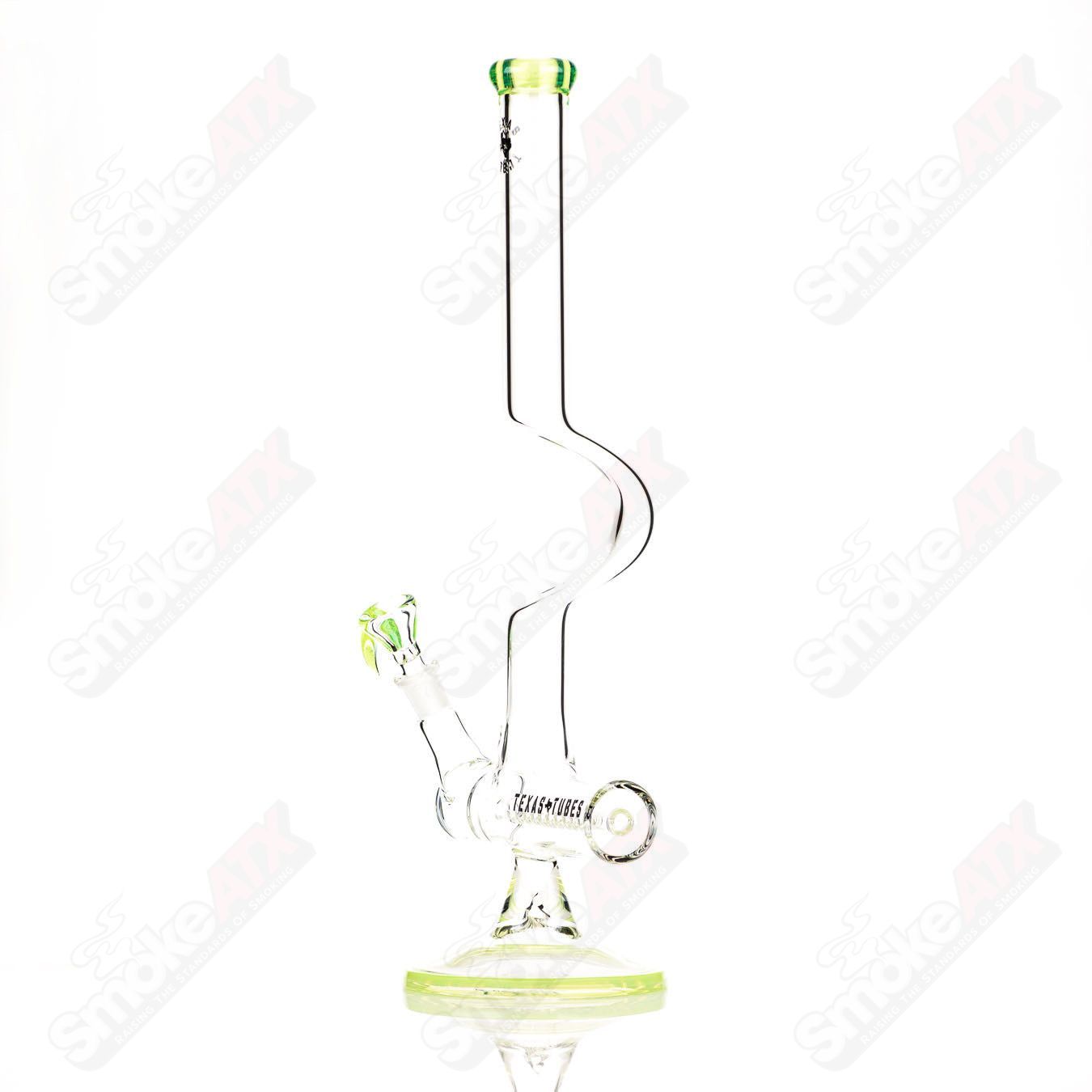 17-inch Texas Tubes inline glass straight tube with 14mm Slyme design, showcasing vibrant green and blue accents.