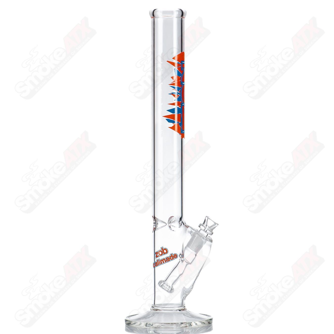 Blue and orange 18-inch Zob fixed flat disc straight glass waterpipe with a sleek design and clear glass construction.