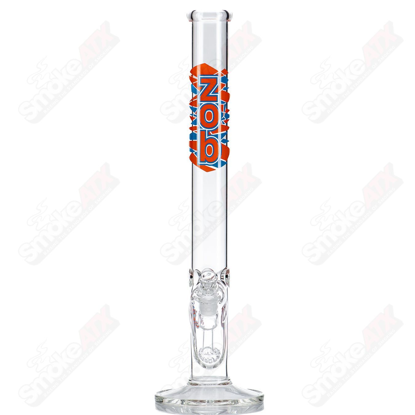 Blue and orange 18-inch fixed flat disc straight glass waterpipe by Zob, featuring a sleek design and clear glass construction.