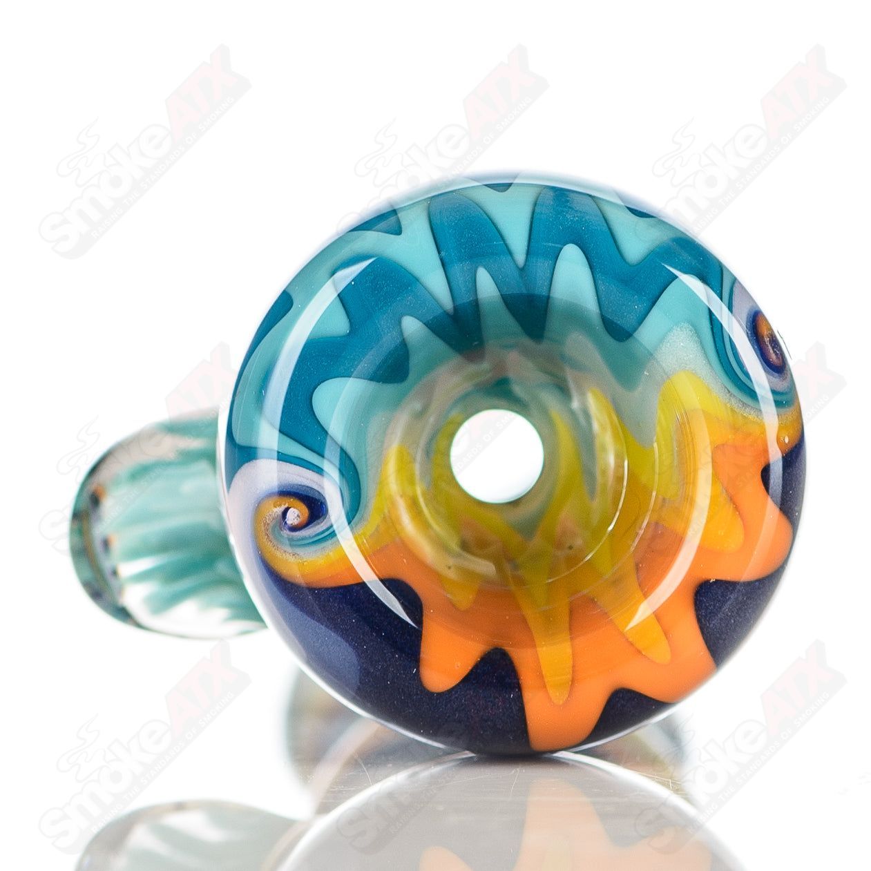 Katy Wright Glass Wig Wag Chillum, clear heady glass pipe with colorful wig wag design, compact and cylindrical for smoking.
