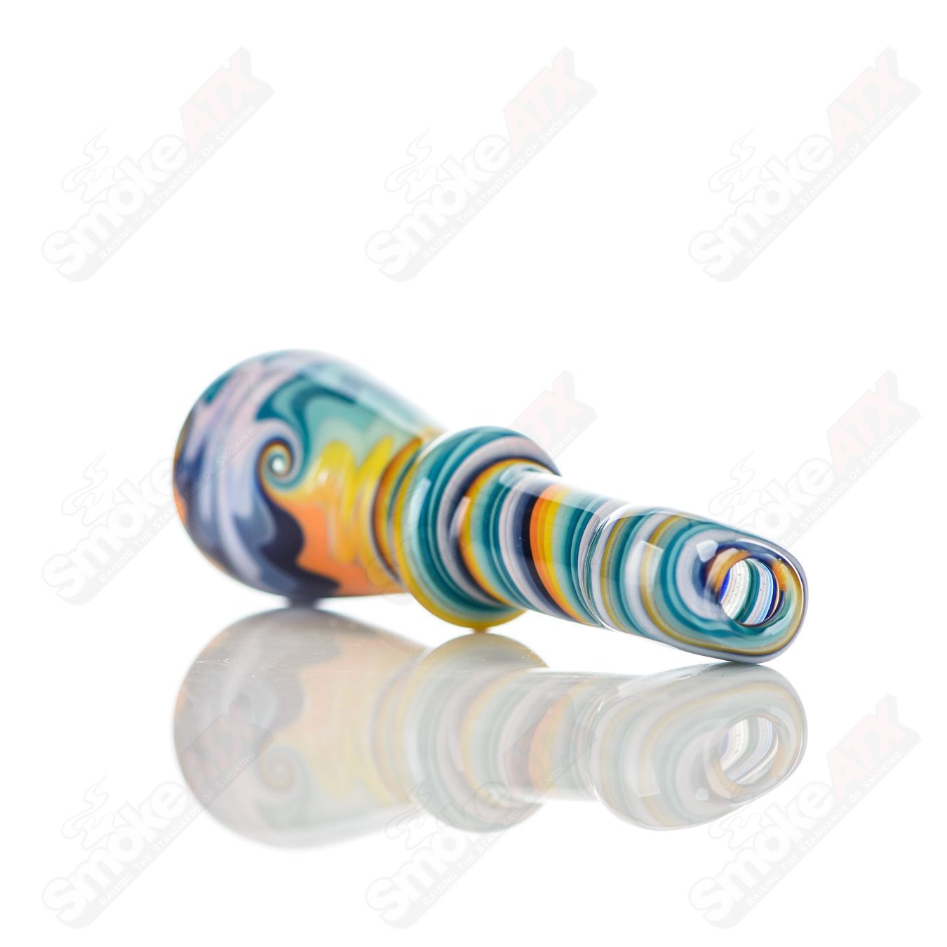 Katy Wright Glass Wig Wag Chillum, colorful heady glass pipe with wig wag pattern, designed for smoking enthusiasts.