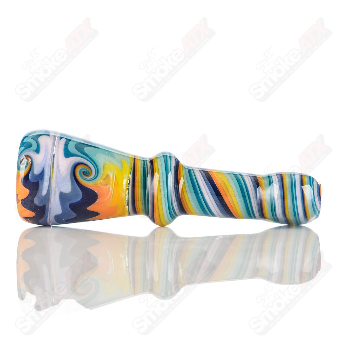 Katy Wright Glass Wig Wag Chillum, colorful heady glass pipe with intricate design, used for smoking.