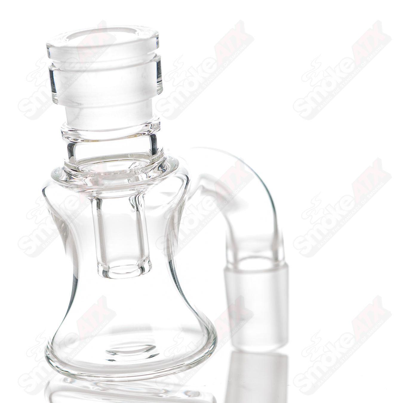 Stephen Pierce Glass 18/90 Mini Dry Catcher in clear glass with intricate designs, used for catching dry herbs or concentrates.